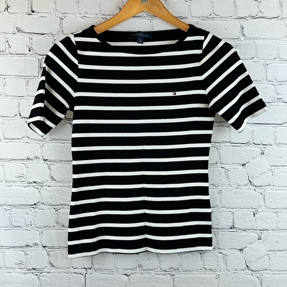 TOMMY HILFIGER Logo Navy White Stripe‎ Baby Tee Size S